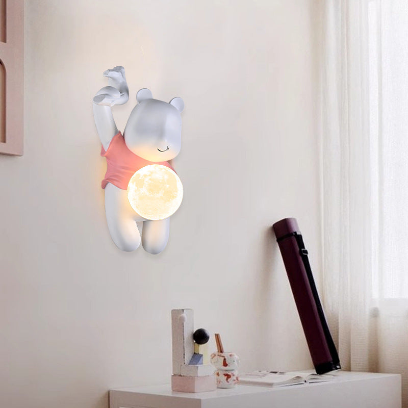 Contemporary Kids Wall Sconce Lamp Cartoon Bear with Moon – Creative Resin & PLA Design for Bedroom & Living Room Lighting, Adorable Night Light for Children’s Room, Cute Bear Wall Decor, LED Wall Light Fixture for Kids' Spaces, Fun Nursery Lighting Solut