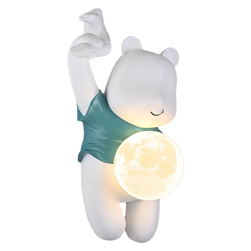 Contemporary Kids Wall Sconce Lamp Cartoon Bear with Moon – Creative Resin & PLA Design for Bedroom & Living Room Lighting, Adorable Night Light for Children’s Room, Cute Bear Wall Decor, LED Wall Light Fixture for Kids' Spaces, Fun Nursery Lighting Solut