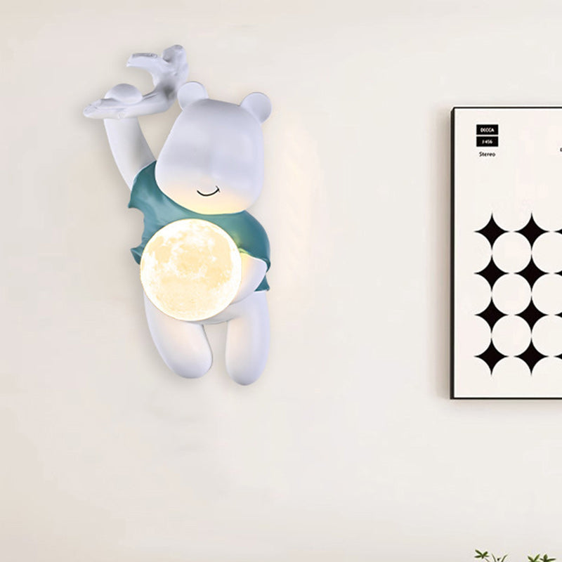 Contemporary Kids Wall Sconce Lamp Cartoon Bear with Moon – Creative Resin & PLA Design for Bedroom & Living Room Lighting, Adorable Night Light for Children’s Room, Cute Bear Wall Decor, LED Wall Light Fixture for Kids' Spaces, Fun Nursery Lighting Solut