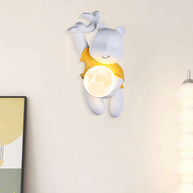 Contemporary Kids Wall Sconce Lamp Cartoon Bear with Moon – Creative Resin & PLA Design for Bedroom & Living Room Lighting, Adorable Night Light for Children’s Room, Cute Bear Wall Decor, LED Wall Light Fixture for Kids' Spaces, Fun Nursery Lighting Solut