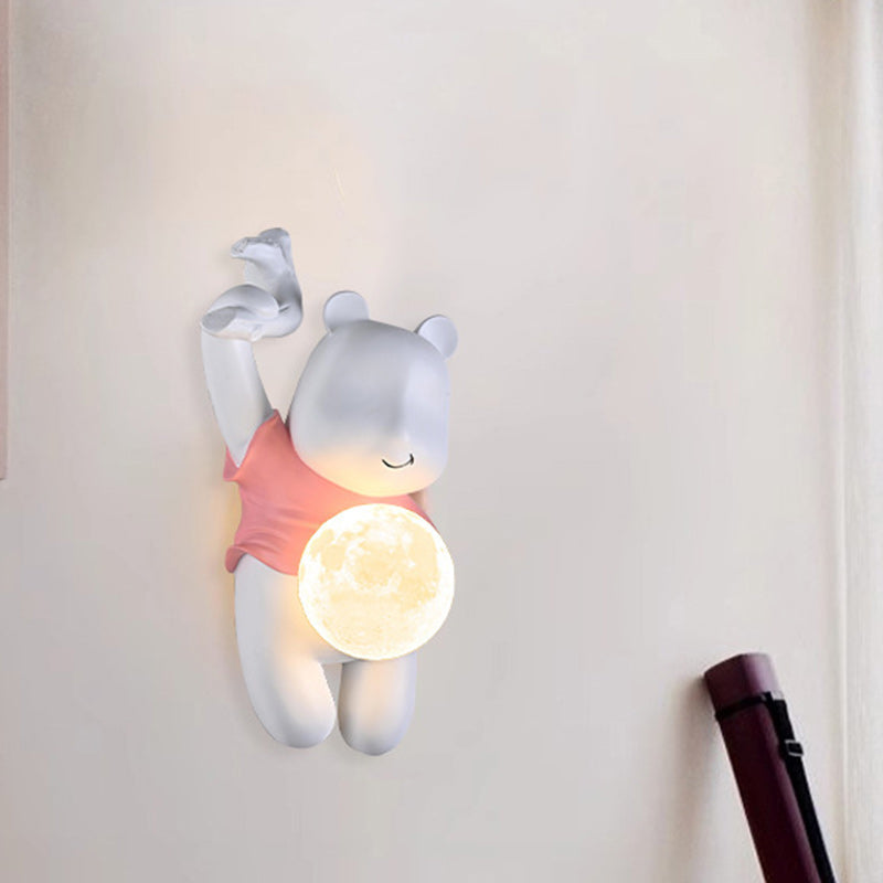 Contemporary Kids Wall Sconce Lamp Cartoon Bear with Moon – Creative Resin & PLA Design for Bedroom & Living Room Lighting, Adorable Night Light for Children’s Room, Cute Bear Wall Decor, LED Wall Light Fixture for Kids' Spaces, Fun Nursery Lighting Solut