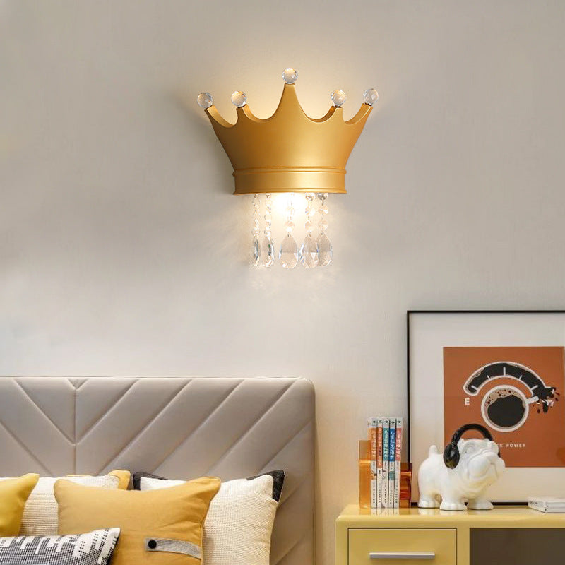 Contemporary Kids Resin Crystal Crown LED Wall Sconce Lamp Bedside Lighting Decorative Wall Light for Children's Room Nursery Playroom Girls Bedroom Decor LED Wall Fixture Modern Candelabra Style Crown Lamp