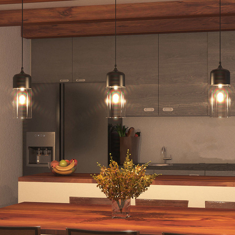 Contemporary Industrial Iron & Glass Cylinder Pendant Light for Dining Room
