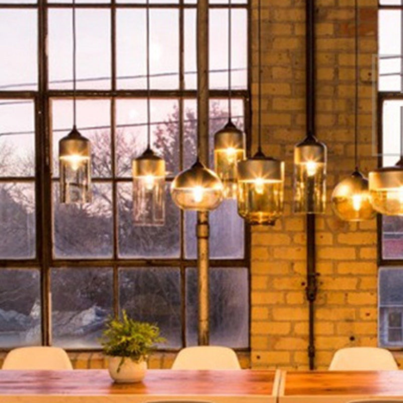 Contemporary Industrial Iron & Glass Cylinder Pendant Light for Dining Room