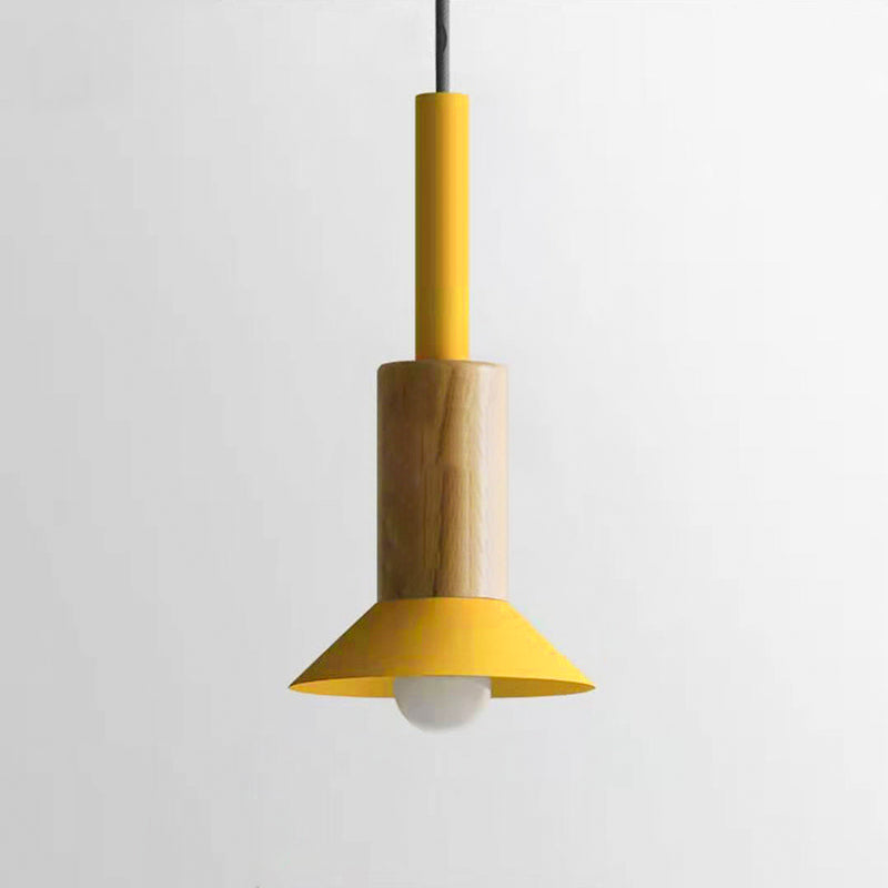 Contemporary Scandinavian Iron Wood Pendant Light - 1-Light Round Cylinder for Living Room