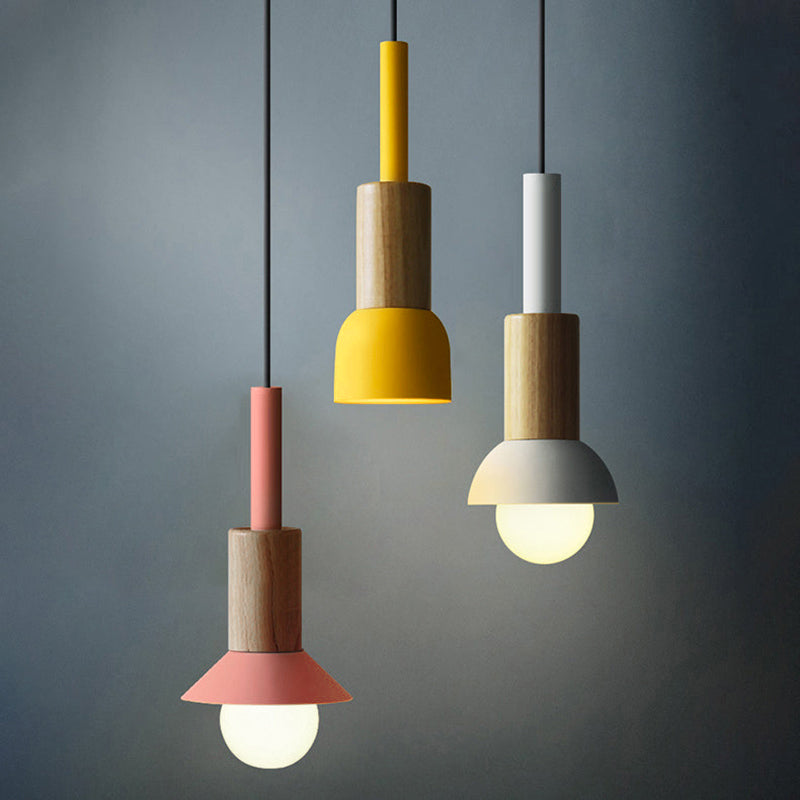 Contemporary Scandinavian Iron Wood Pendant Light - 1-Light Round Cylinder for Living Room