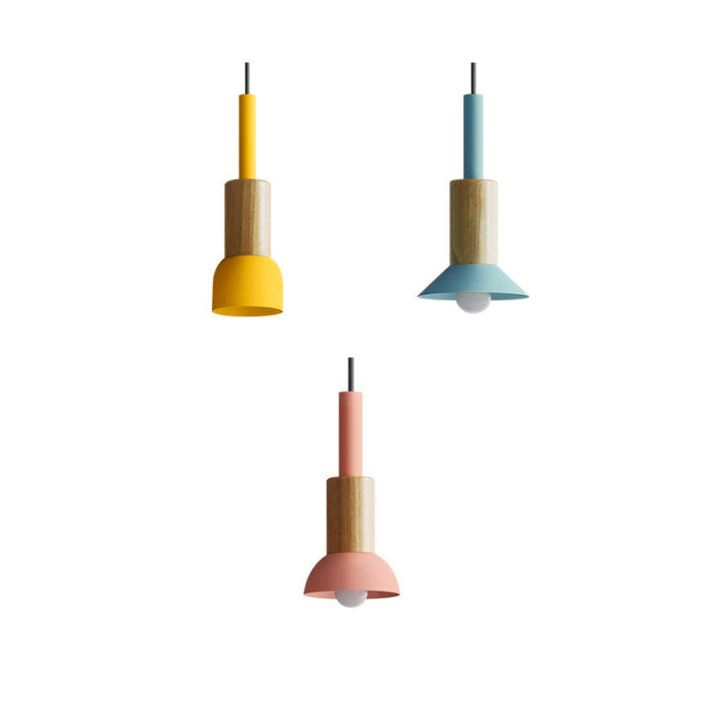 Contemporary Scandinavian Iron Wood Pendant Light - 1-Light Round Cylinder for Living Room