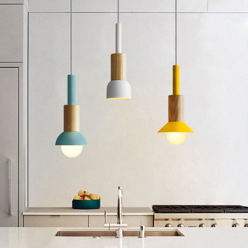 Contemporary Scandinavian Iron Wood Pendant Light - 1-Light Round Cylinder for Living Room