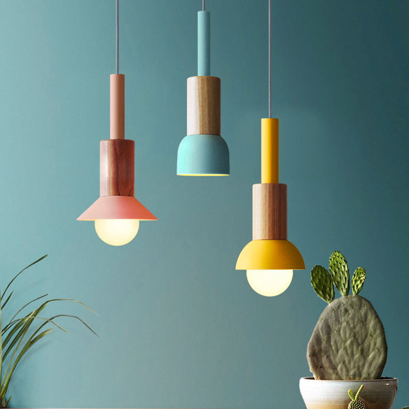 Contemporary Scandinavian Iron Wood Pendant Light - 1-Light Round Cylinder for Living Room