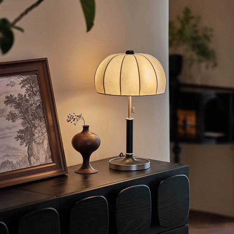 Traditional French Dome Wood Iron Fabric Table Lamp - 1-Light Living Room Accent