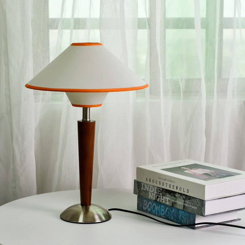 Contemporary Scandinavian Flying Saucer-Shaped White Wax Wood Fabric 1-Light Table Lamp for Bedroom, Modern Minimalist Design, Nordic Style, LED Compatible, Bedroom Lighting, Decorative Bedside Lamp, Stylish Nightstand Lamp, Unique Home Decor, Eco-Friendl