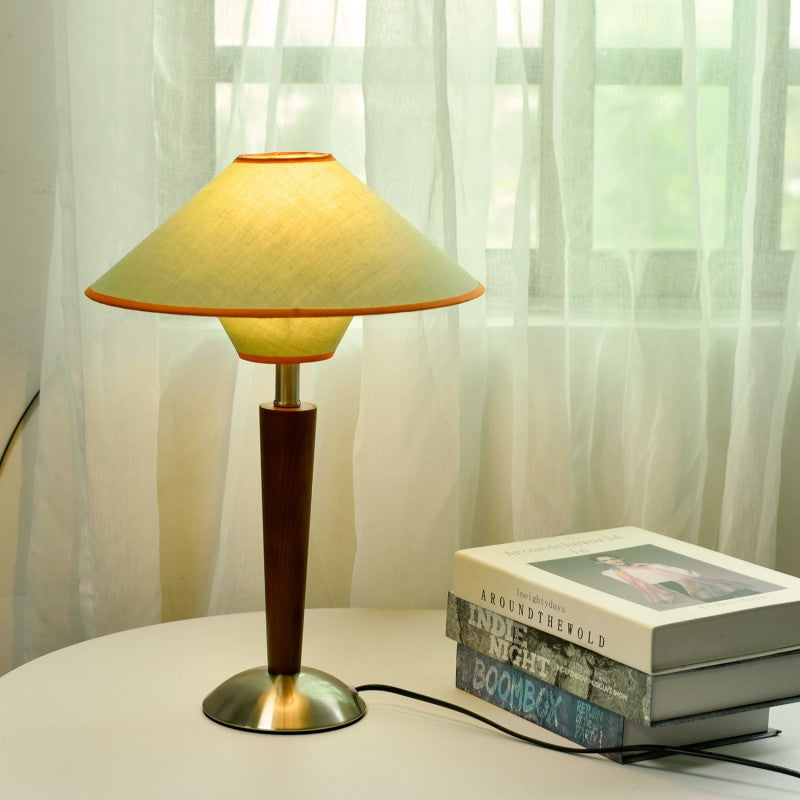 Contemporary Scandinavian Flying Saucer-Shaped White Wax Wood Fabric 1-Light Table Lamp for Bedroom, Modern Minimalist Design, Nordic Style, LED Compatible, Bedroom Lighting, Decorative Bedside Lamp, Stylish Nightstand Lamp, Unique Home Decor, Eco-Friendl