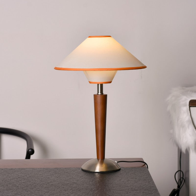 Contemporary Scandinavian Flying Saucer-Shaped White Wax Wood Fabric 1-Light Table Lamp for Bedroom, Modern Minimalist Design, Nordic Style, LED Compatible, Bedroom Lighting, Decorative Bedside Lamp, Stylish Nightstand Lamp, Unique Home Decor, Eco-Friendl