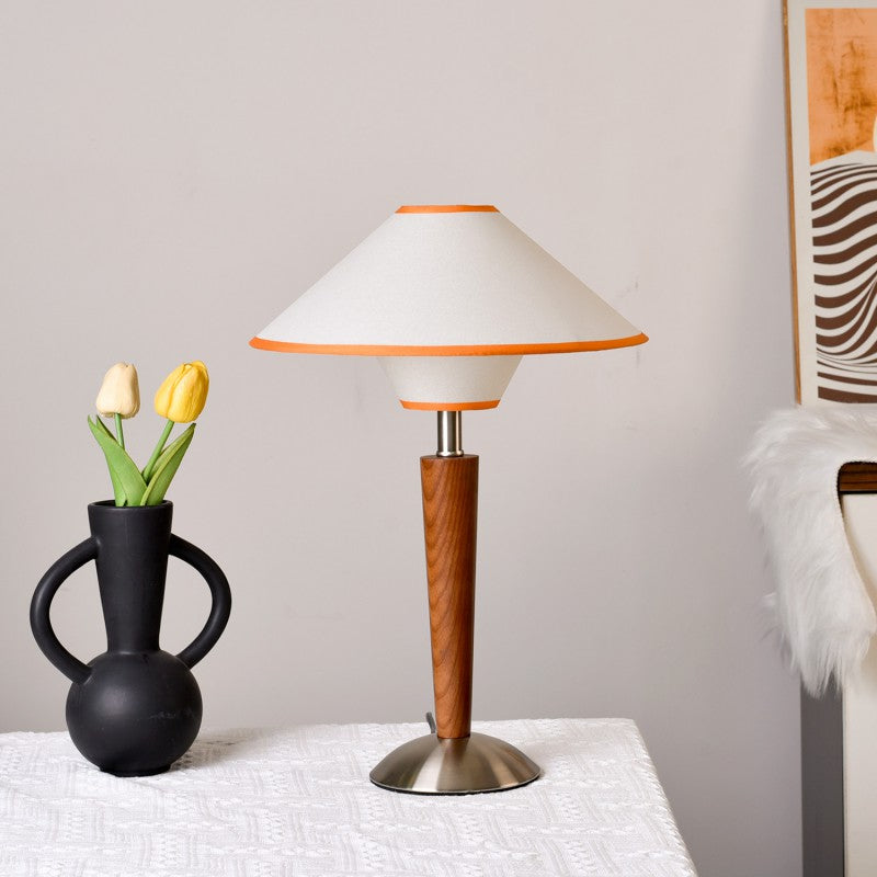 Contemporary Scandinavian Flying Saucer-Shaped White Wax Wood Fabric 1-Light Table Lamp for Bedroom, Modern Minimalist Design, Nordic Style, LED Compatible, Bedroom Lighting, Decorative Bedside Lamp, Stylish Nightstand Lamp, Unique Home Decor, Eco-Friendl