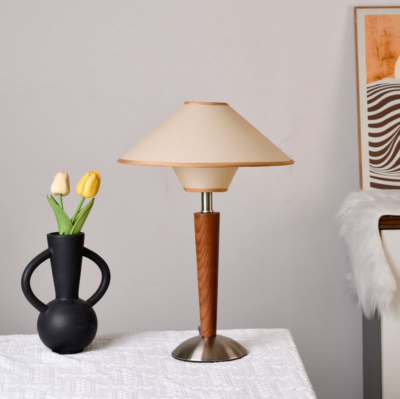 Contemporary Scandinavian Flying Saucer-Shaped White Wax Wood Fabric 1-Light Table Lamp for Bedroom, Modern Minimalist Design, Nordic Style, LED Compatible, Bedroom Lighting, Decorative Bedside Lamp, Stylish Nightstand Lamp, Unique Home Decor, Eco-Friendl