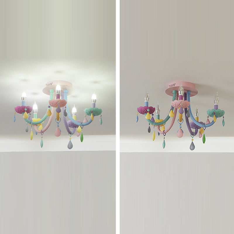 Contemporary Flower Candle-Shaped 5-Light Flush Mount Ceiling Light, Kid-Friendly Iron Crystal Glass Design, Elegant Bedroom Lighting Fixture, Modern Flush Mount Chandelier, Stylish Nursery Decorations, Unique Home Decor Lighting, Brighten Kids Room with