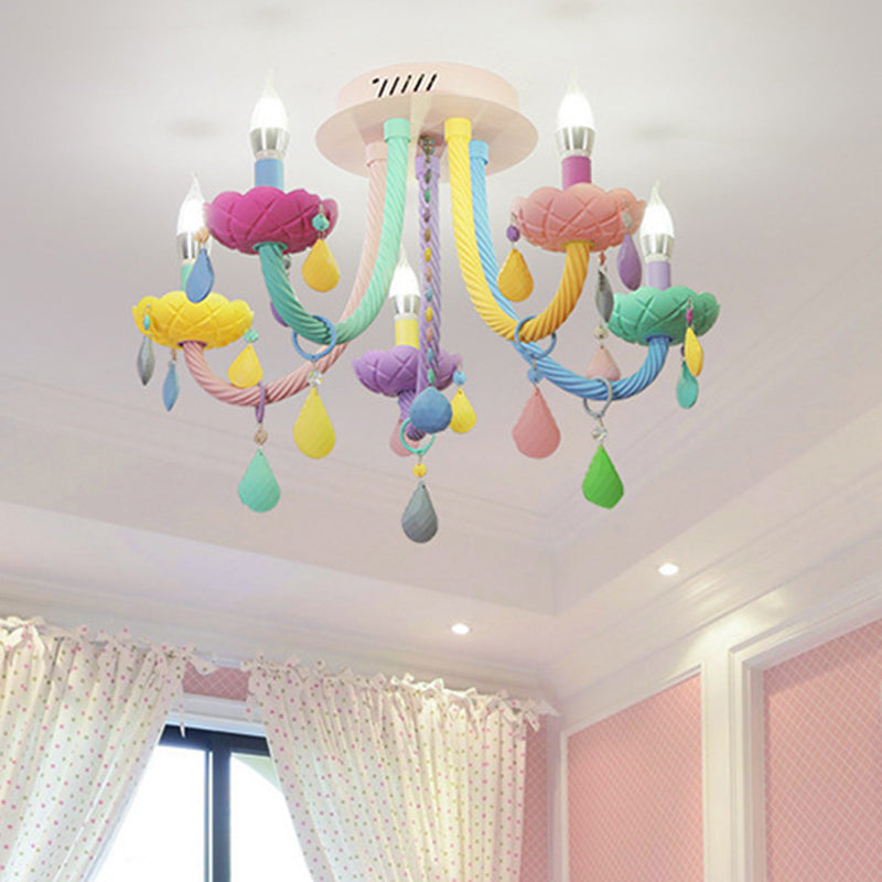 Contemporary Flower Candle-Shaped 5-Light Flush Mount Ceiling Light, Kid-Friendly Iron Crystal Glass Design, Elegant Bedroom Lighting Fixture, Modern Flush Mount Chandelier, Stylish Nursery Decorations, Unique Home Decor Lighting, Brighten Kids Room with