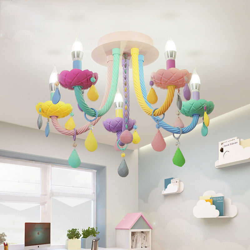 Contemporary Flower Candle-Shaped 5-Light Flush Mount Ceiling Light, Kid-Friendly Iron Crystal Glass Design, Elegant Bedroom Lighting Fixture, Modern Flush Mount Chandelier, Stylish Nursery Decorations, Unique Home Decor Lighting, Brighten Kids Room with