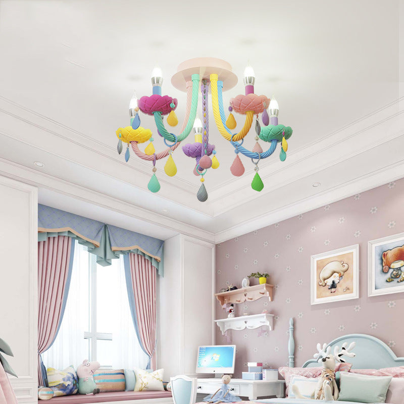 Contemporary Flower Candle-Shaped 5-Light Flush Mount Ceiling Light, Kid-Friendly Iron Crystal Glass Design, Elegant Bedroom Lighting Fixture, Modern Flush Mount Chandelier, Stylish Nursery Decorations, Unique Home Decor Lighting, Brighten Kids Room with