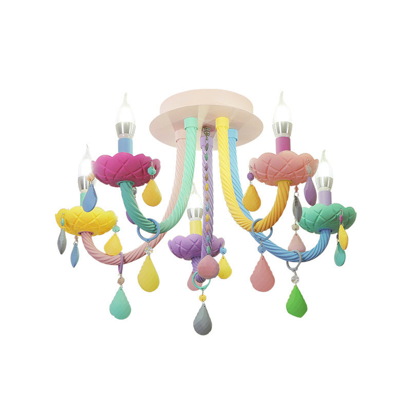 Contemporary Flower Candle-Shaped 5-Light Flush Mount Ceiling Light, Kid-Friendly Iron Crystal Glass Design, Elegant Bedroom Lighting Fixture, Modern Flush Mount Chandelier, Stylish Nursery Decorations, Unique Home Decor Lighting, Brighten Kids Room with