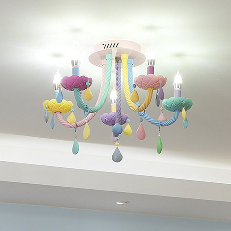 Contemporary Flower Candle-Shaped 5-Light Flush Mount Ceiling Light, Kid-Friendly Iron Crystal Glass Design, Elegant Bedroom Lighting Fixture, Modern Flush Mount Chandelier, Stylish Nursery Decorations, Unique Home Decor Lighting, Brighten Kids Room with
