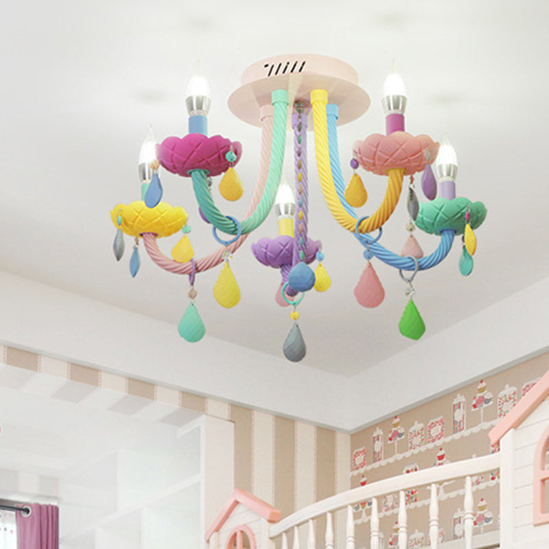 Contemporary Flower Candle-Shaped 5-Light Flush Mount Ceiling Light, Kid-Friendly Iron Crystal Glass Design, Elegant Bedroom Lighting Fixture, Modern Flush Mount Chandelier, Stylish Nursery Decorations, Unique Home Decor Lighting, Brighten Kids Room with
