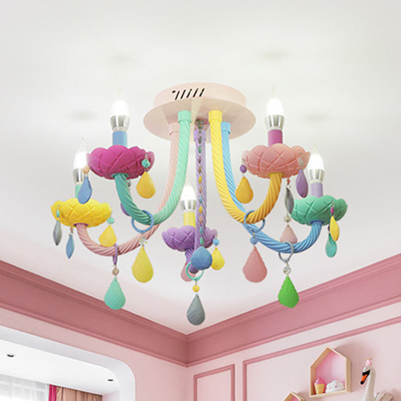 Contemporary Flower Candle-Shaped 5-Light Flush Mount Ceiling Light, Kid-Friendly Iron Crystal Glass Design, Elegant Bedroom Lighting Fixture, Modern Flush Mount Chandelier, Stylish Nursery Decorations, Unique Home Decor Lighting, Brighten Kids Room with