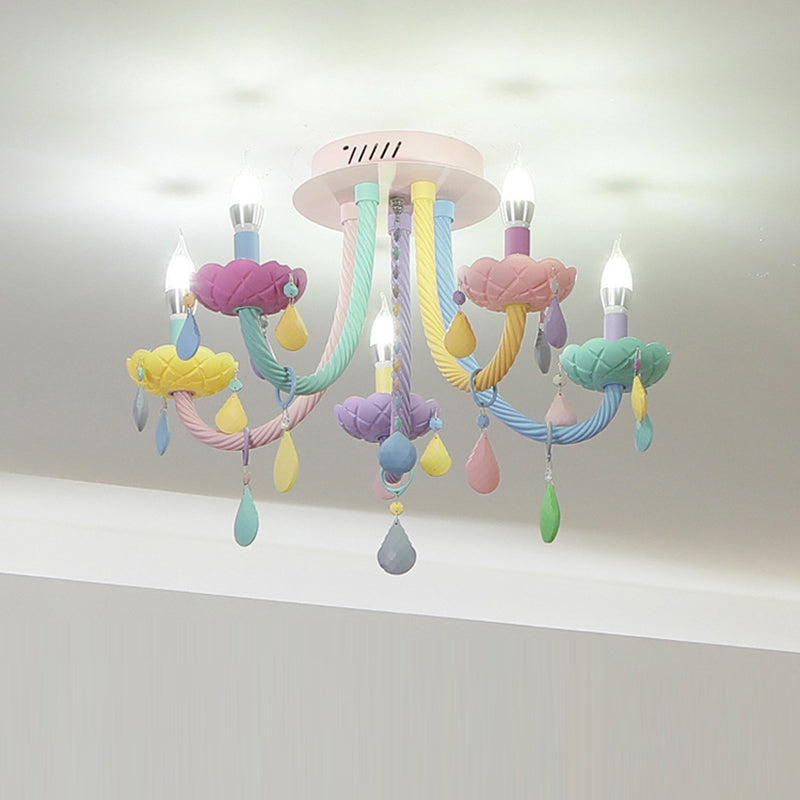 Contemporary Flower Candle-Shaped 5-Light Flush Mount Ceiling Light, Kid-Friendly Iron Crystal Glass Design, Elegant Bedroom Lighting Fixture, Modern Flush Mount Chandelier, Stylish Nursery Decorations, Unique Home Decor Lighting, Brighten Kids Room with