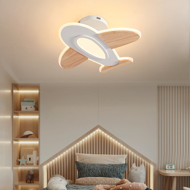 Contemporary Kids Aircraft-Shaped Round Ceiling Light, LED Semi-Flush Mount, Iron Aluminum Acrylic Wooden Design, Unique Bedroom Lighting Fixture, Airplane Theme Decor for Children's Rooms, Modern Energy-Efficient Light Source, Stylish and Fun Nursery Lig