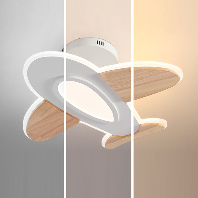 Contemporary Kids Aircraft-Shaped Round Ceiling Light, LED Semi-Flush Mount, Iron Aluminum Acrylic Wooden Design, Unique Bedroom Lighting Fixture, Airplane Theme Decor for Children's Rooms, Modern Energy-Efficient Light Source, Stylish and Fun Nursery Lig