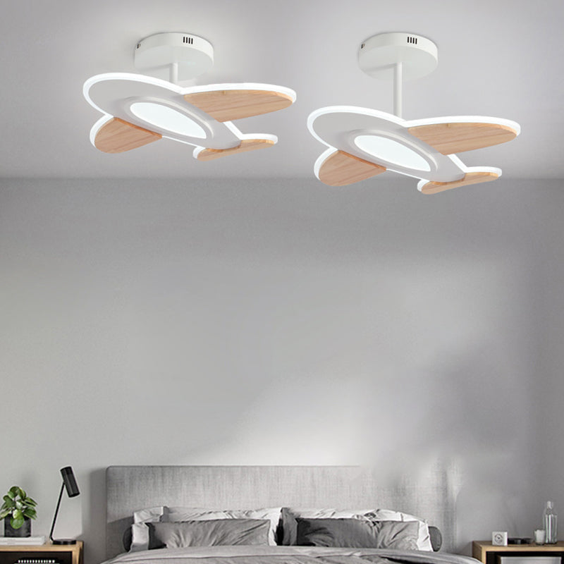 Contemporary Kids Aircraft-Shaped Round Ceiling Light, LED Semi-Flush Mount, Iron Aluminum Acrylic Wooden Design, Unique Bedroom Lighting Fixture, Airplane Theme Decor for Children's Rooms, Modern Energy-Efficient Light Source, Stylish and Fun Nursery Lig