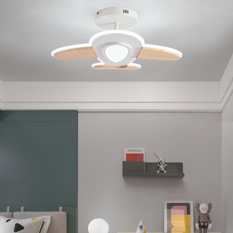 Contemporary Kids Aircraft-Shaped Round Ceiling Light, LED Semi-Flush Mount, Iron Aluminum Acrylic Wooden Design, Unique Bedroom Lighting Fixture, Airplane Theme Decor for Children's Rooms, Modern Energy-Efficient Light Source, Stylish and Fun Nursery Lig