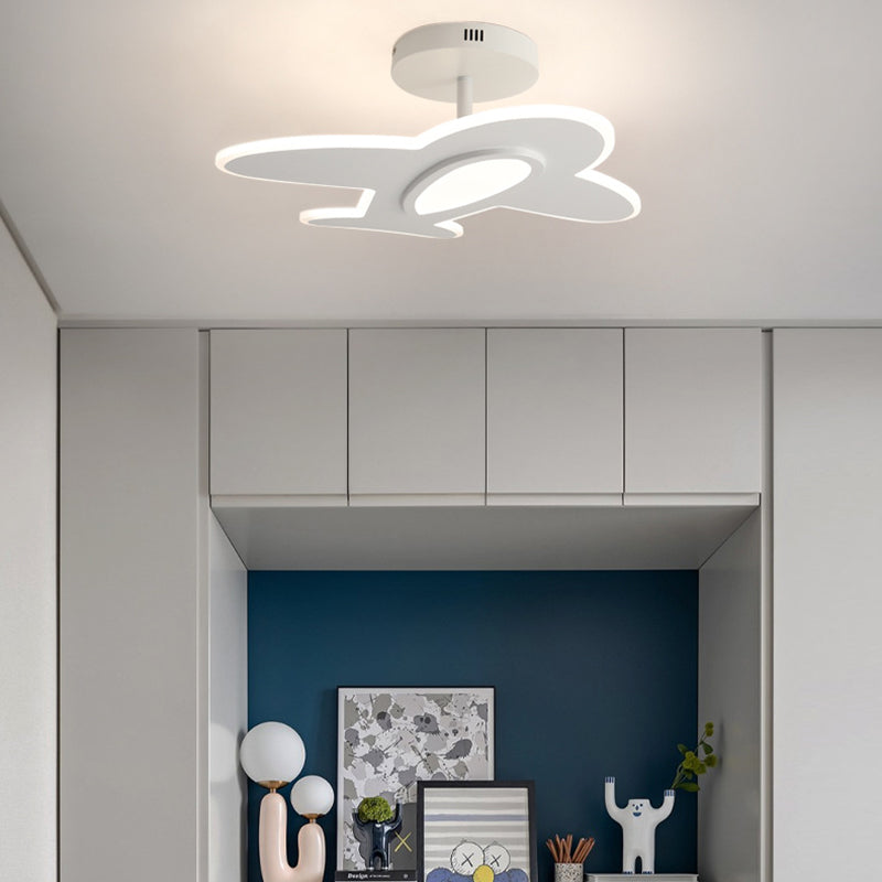 Contemporary Kids Aircraft-Shaped Round Ceiling Light, LED Semi-Flush Mount, Iron Aluminum Acrylic Wooden Design, Unique Bedroom Lighting Fixture, Airplane Theme Decor for Children's Rooms, Modern Energy-Efficient Light Source, Stylish and Fun Nursery Lig