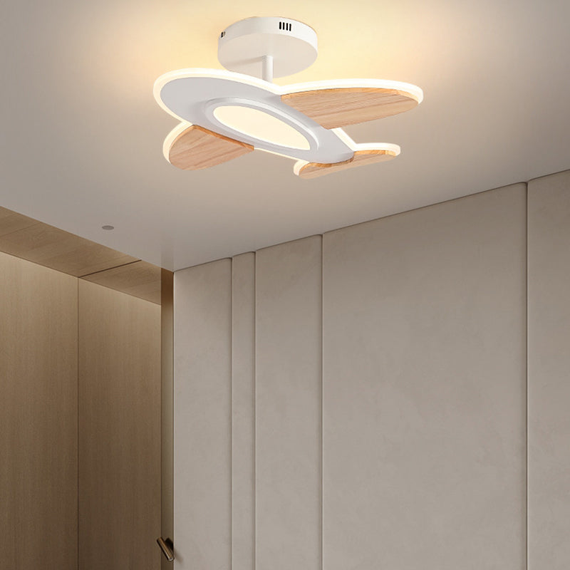 Contemporary Kids Aircraft-Shaped Round Ceiling Light, LED Semi-Flush Mount, Iron Aluminum Acrylic Wooden Design, Unique Bedroom Lighting Fixture, Airplane Theme Decor for Children's Rooms, Modern Energy-Efficient Light Source, Stylish and Fun Nursery Lig