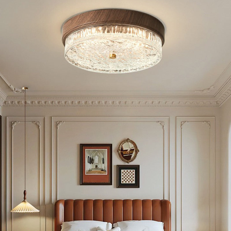 Contemporary Nordic Round Wood Grain LED Flush Mount Light for Bedroom