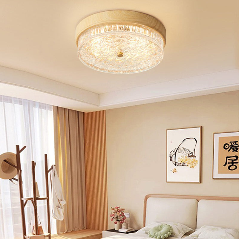 Contemporary Nordic Round Wood Grain LED Flush Mount Light for Bedroom