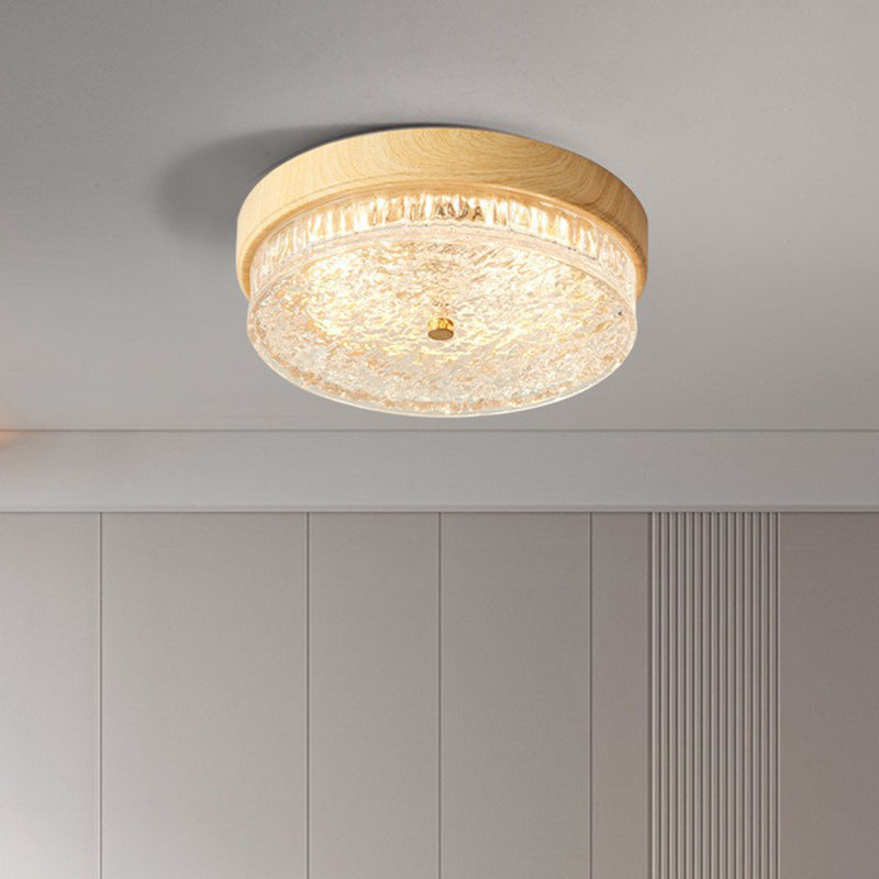 Contemporary Nordic Round Wood Grain LED Flush Mount Light for Bedroom