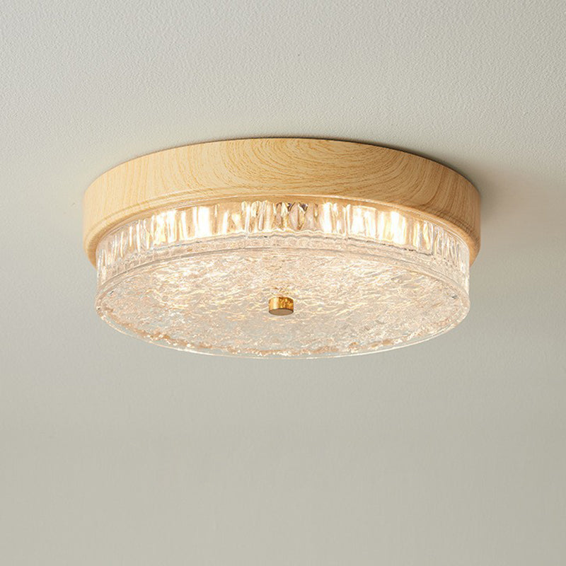 Contemporary Nordic Round Wood Grain LED Flush Mount Light for Bedroom