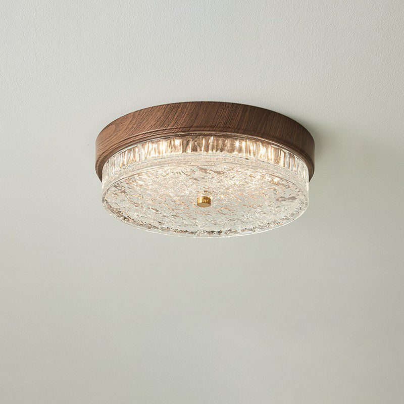 Contemporary Nordic Round Wood Grain LED Flush Mount Light for Bedroom