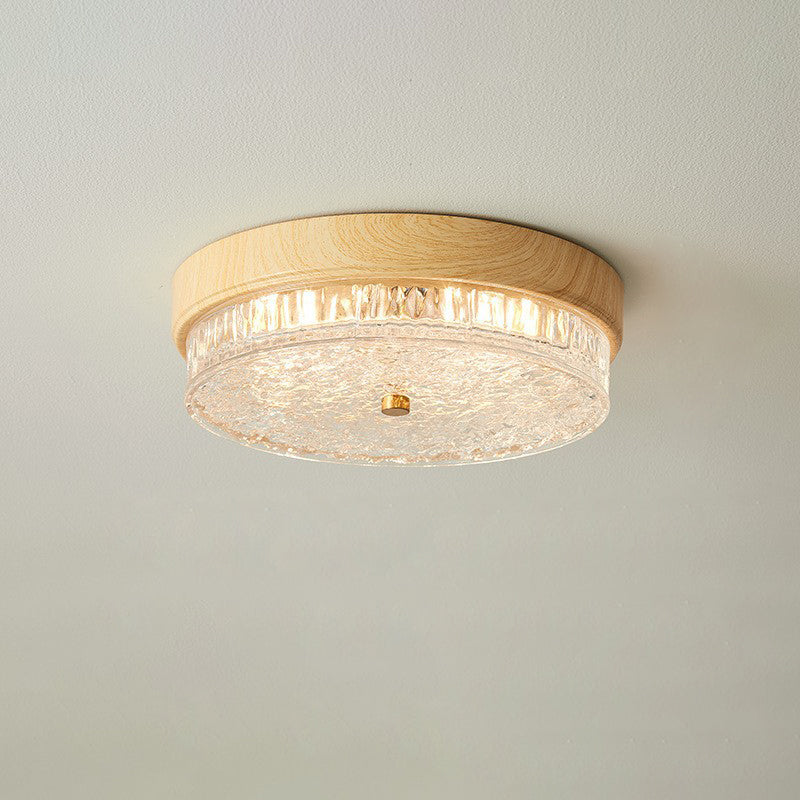 Contemporary Nordic Round Wood Grain LED Flush Mount Light for Bedroom