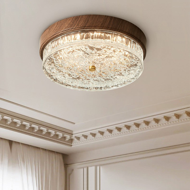 Contemporary Nordic Round Wood Grain LED Flush Mount Light for Bedroom