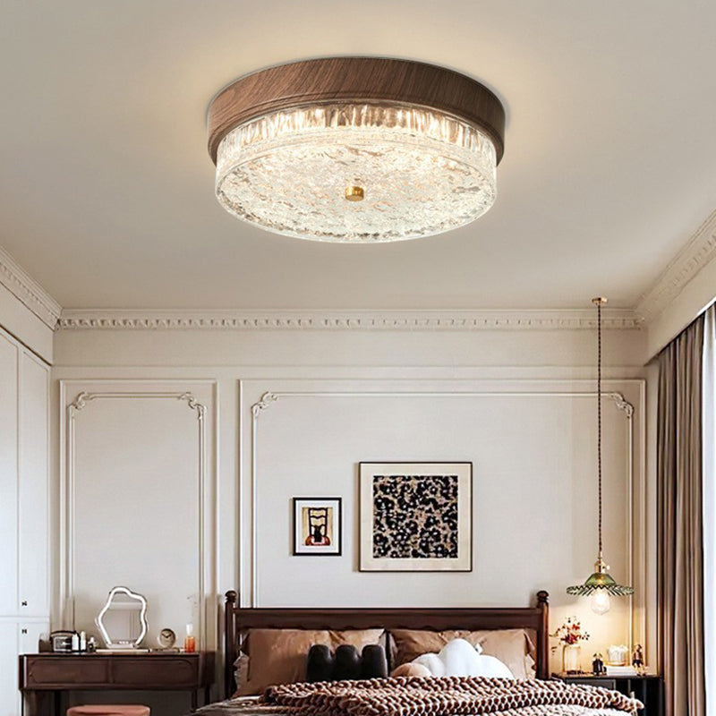 Contemporary Nordic Round Wood Grain LED Flush Mount Light for Bedroom