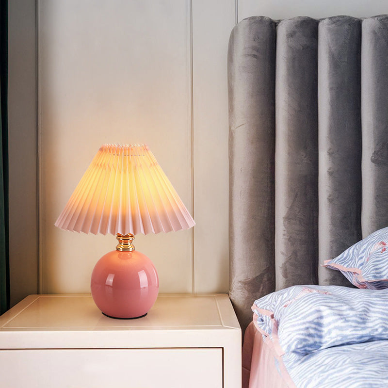 Modern Art Deco Orb Base Pleated Fabric Ceramic 1-Light Table Lamp Bedside Lighting Contemporary Home Decor Stylish Nightstand Lamp Modern Bedroom Lighting Unique Accent Light Fixture Decorative Table Lamp for Living Room Office