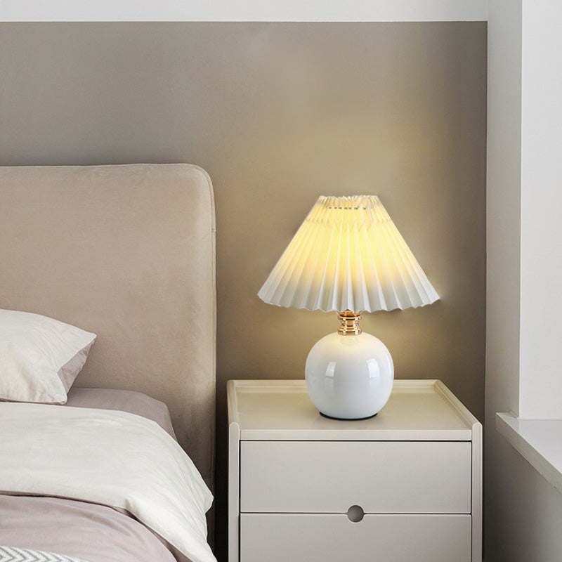 Modern Art Deco Orb Base Pleated Fabric Ceramic 1-Light Table Lamp Bedside Lighting Contemporary Home Decor Stylish Nightstand Lamp Modern Bedroom Lighting Unique Accent Light Fixture Decorative Table Lamp for Living Room Office