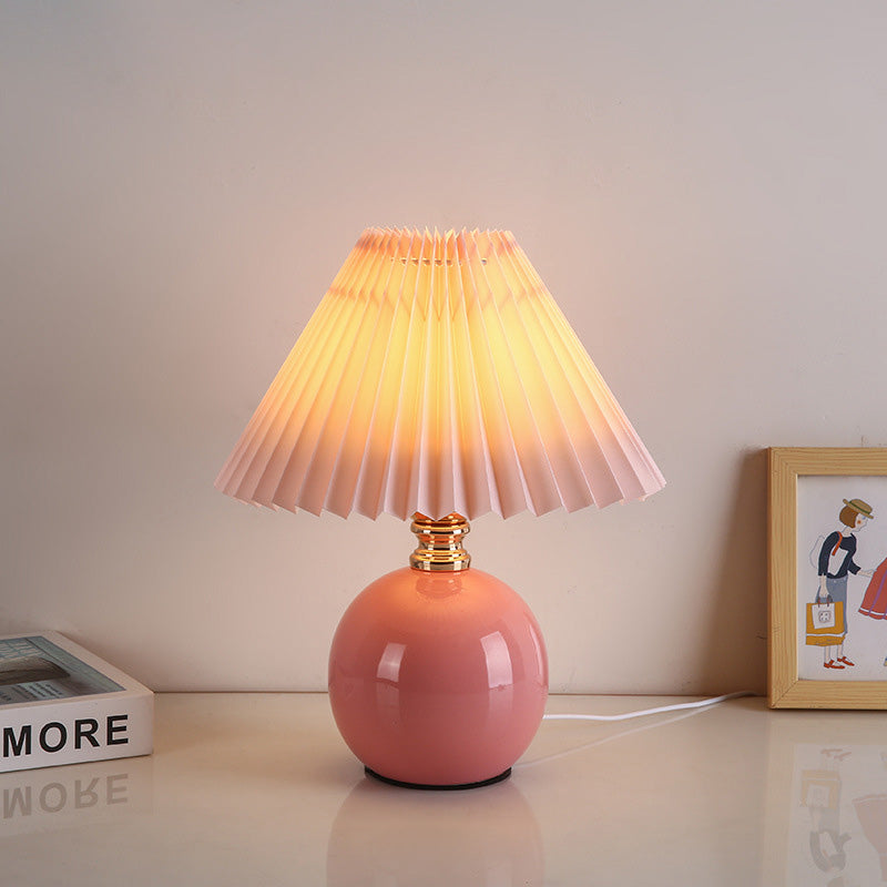 Modern Art Deco Orb Base Pleated Fabric Ceramic 1-Light Table Lamp Bedside Lighting Contemporary Home Decor Stylish Nightstand Lamp Modern Bedroom Lighting Unique Accent Light Fixture Decorative Table Lamp for Living Room Office