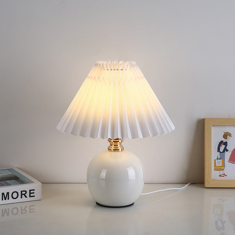 Modern Art Deco Orb Base Pleated Fabric Ceramic 1-Light Table Lamp Bedside Lighting Contemporary Home Decor Stylish Nightstand Lamp Modern Bedroom Lighting Unique Accent Light Fixture Decorative Table Lamp for Living Room Office