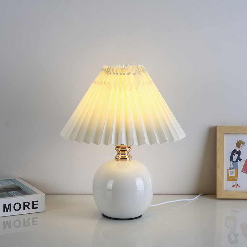 Modern Art Deco Orb Base Pleated Fabric Ceramic 1-Light Table Lamp Bedside Lighting Contemporary Home Decor Stylish Nightstand Lamp Modern Bedroom Lighting Unique Accent Light Fixture Decorative Table Lamp for Living Room Office