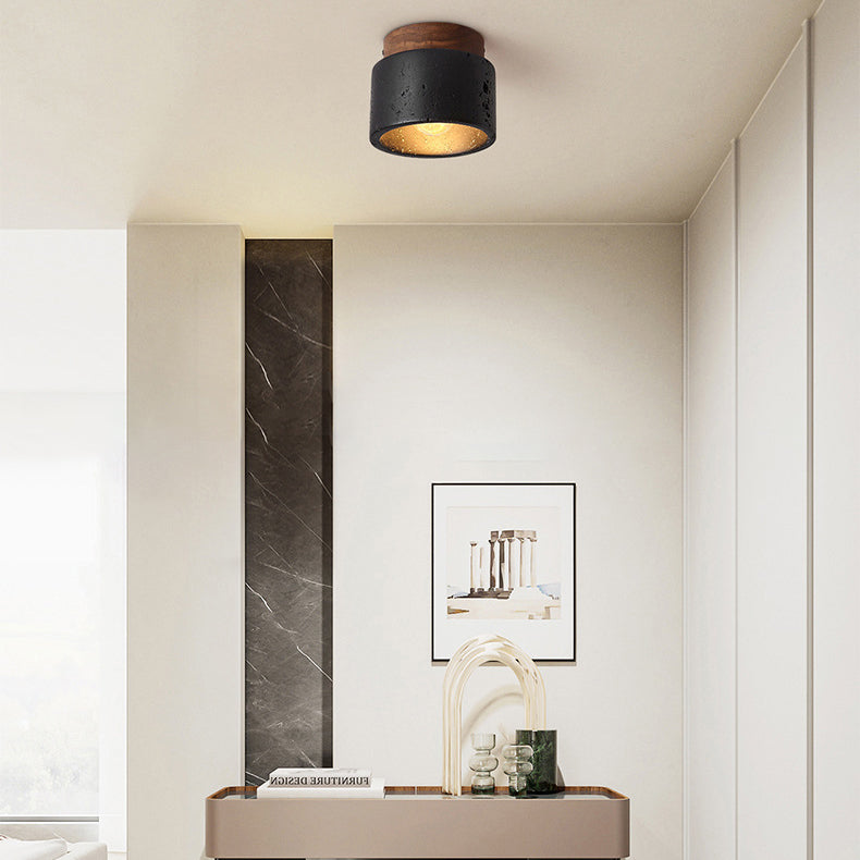 Traditional Japanese Cylindrical Wooden Black Travertine 1-Light Semi-Flush Mount Ceiling Light Hallway Fixture