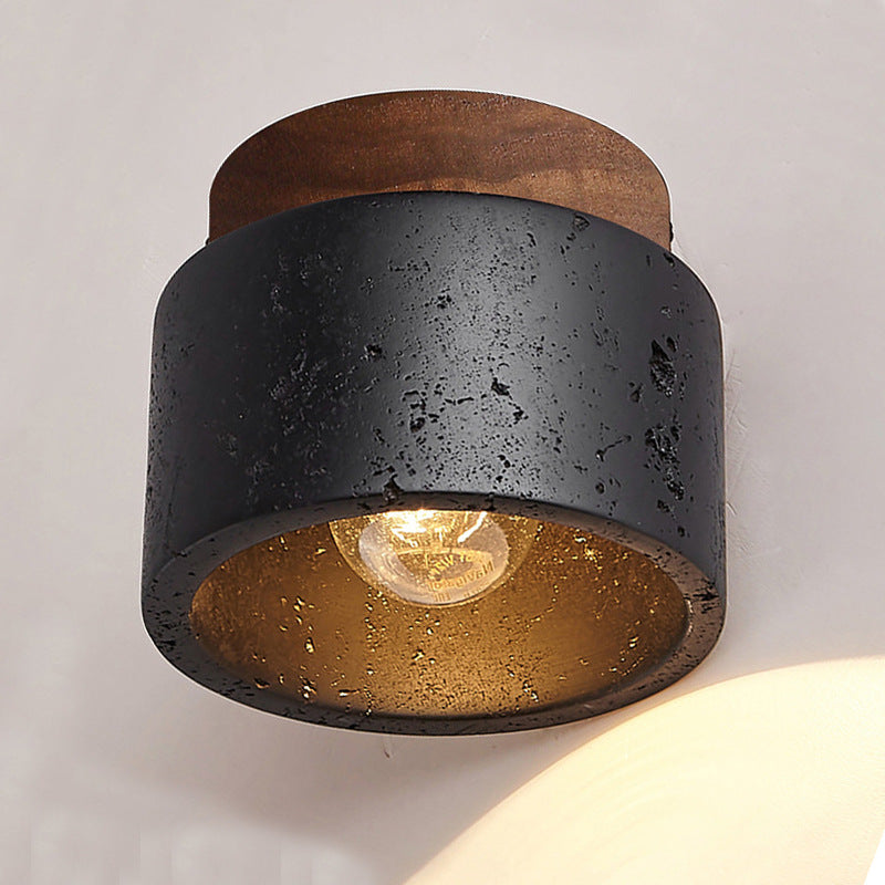 Traditional Japanese Cylindrical Wooden Black Travertine 1-Light Semi-Flush Mount Ceiling Light Hallway Fixture