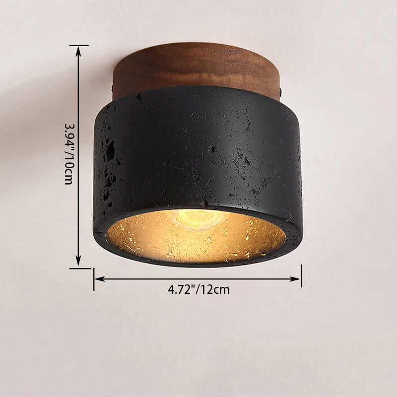 Traditional Japanese Cylindrical Wooden Black Travertine 1-Light Semi-Flush Mount Ceiling Light Hallway Fixture